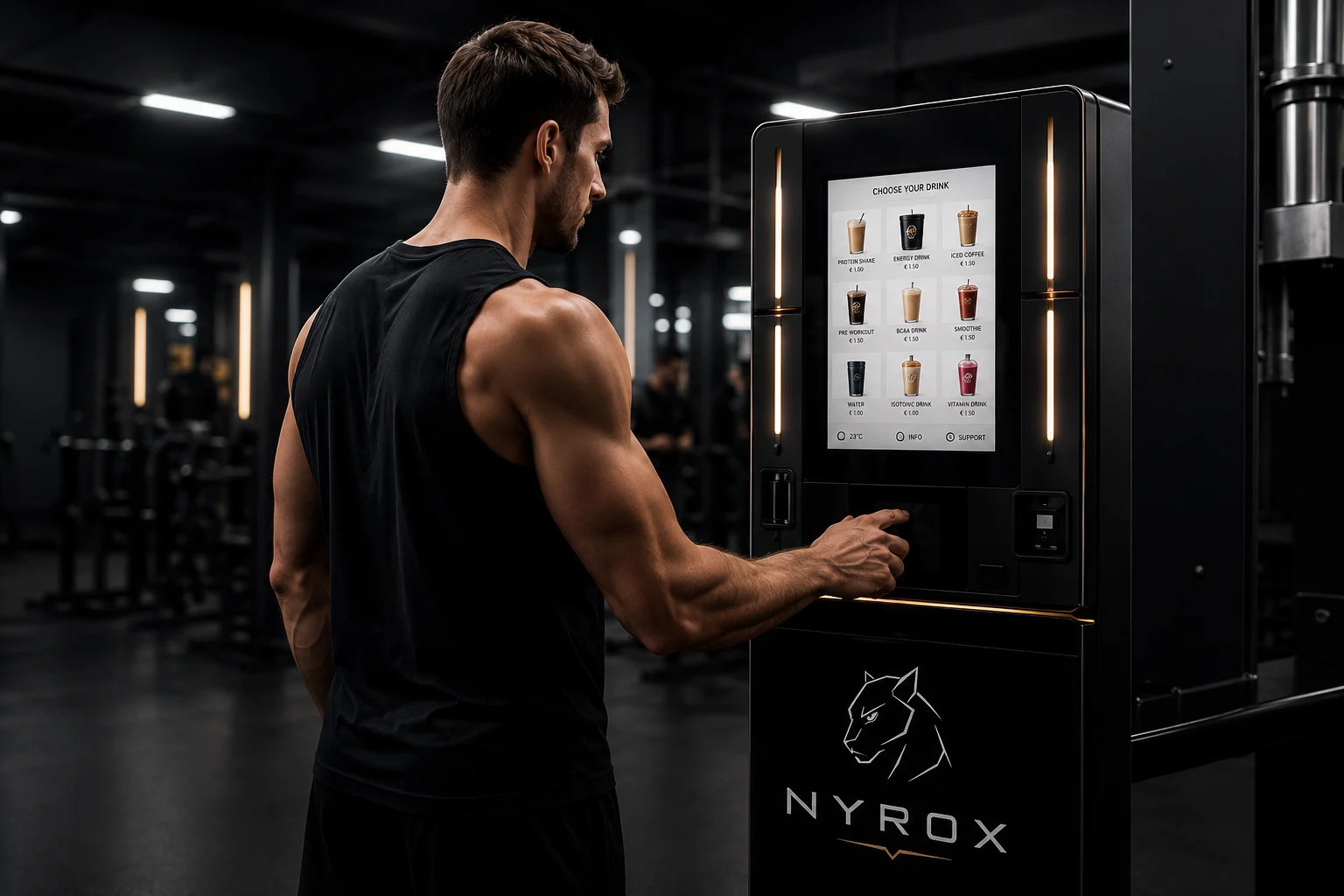 Atleta che seleziona una bevanda dal distributore automatico NYROX in palestra